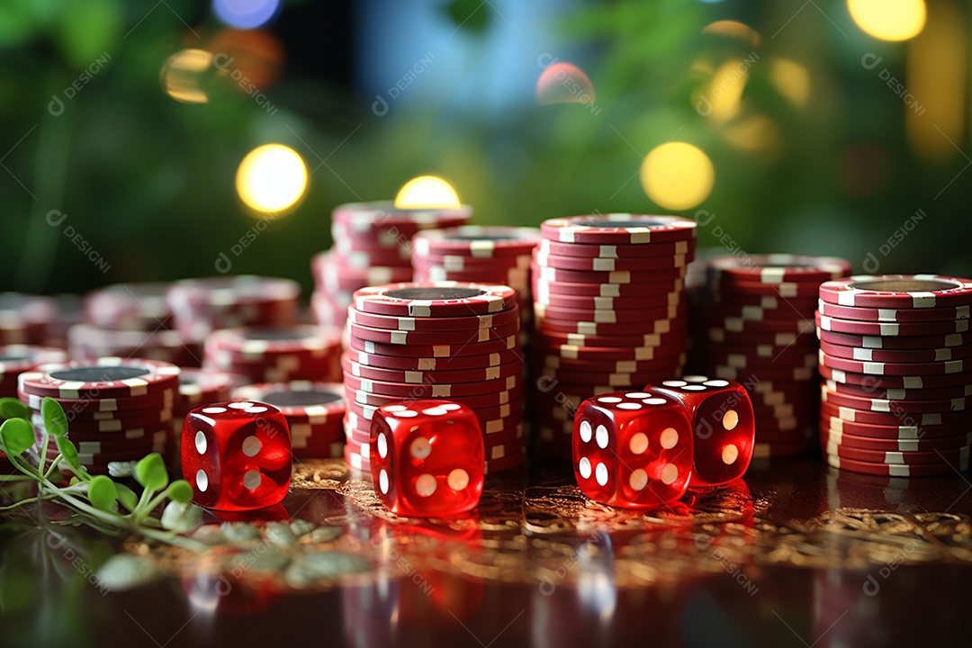 Dados vermelhos e fichas sob um cassino