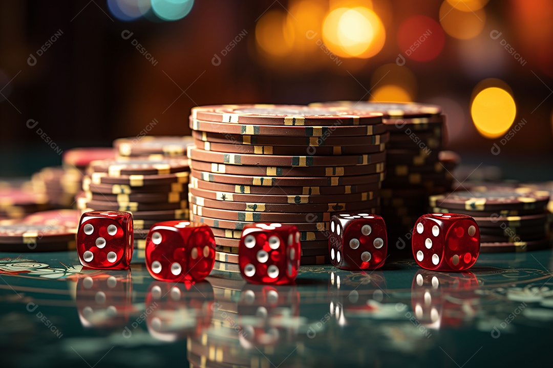 Dados vermelhos e fichas sob um cassino