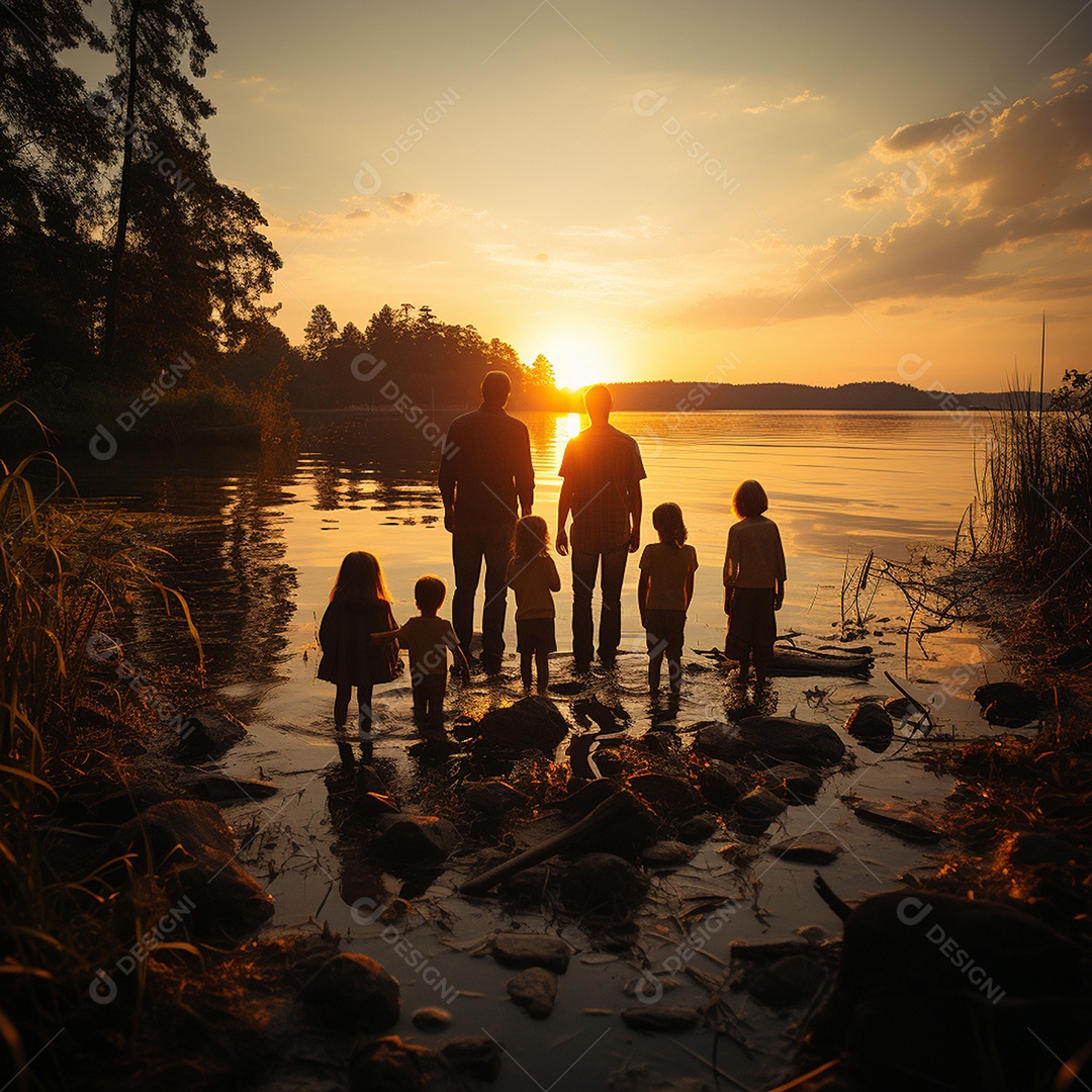 A felicidade do pôr do sol de uma família feliz
