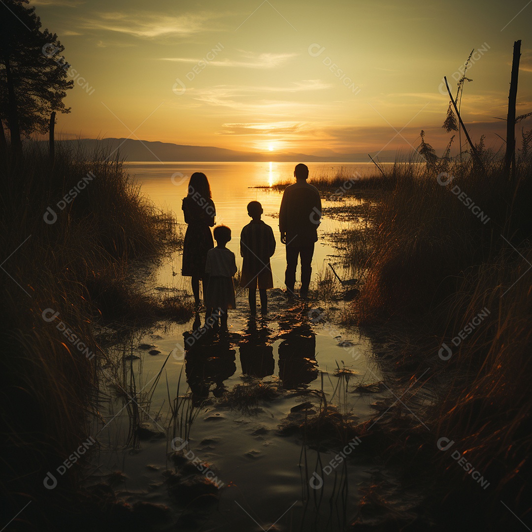 A felicidade do pôr do sol de uma família feliz