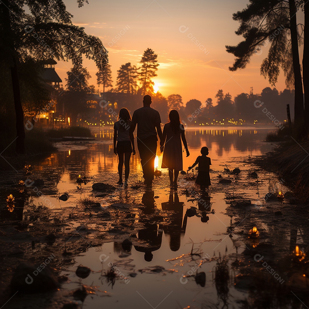 A felicidade do pôr do sol de uma família feliz