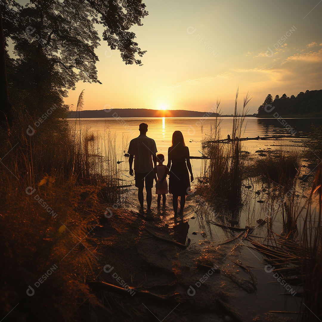 A felicidade do pôr do sol de uma família feliz