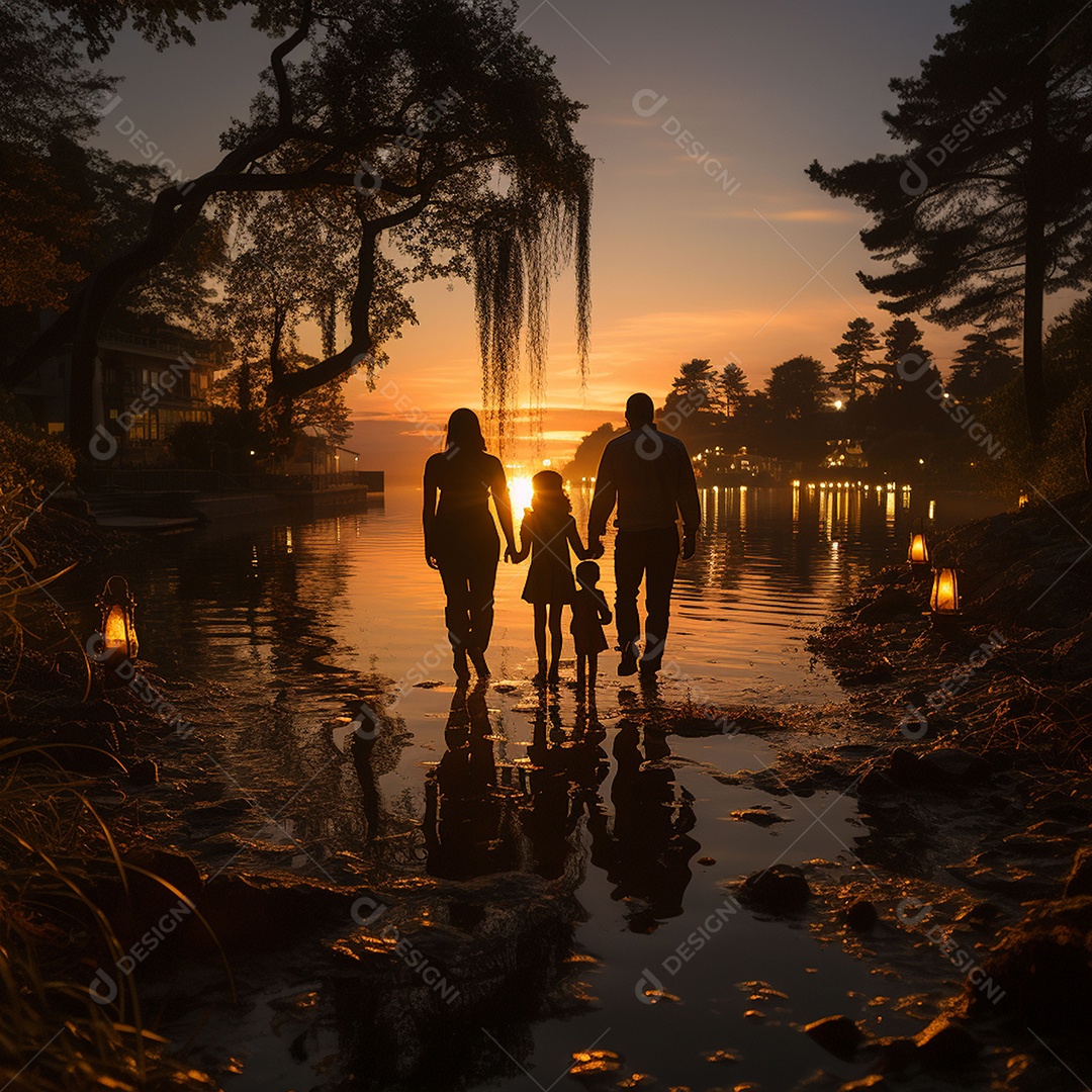 A felicidade do pôr do sol de uma família feliz