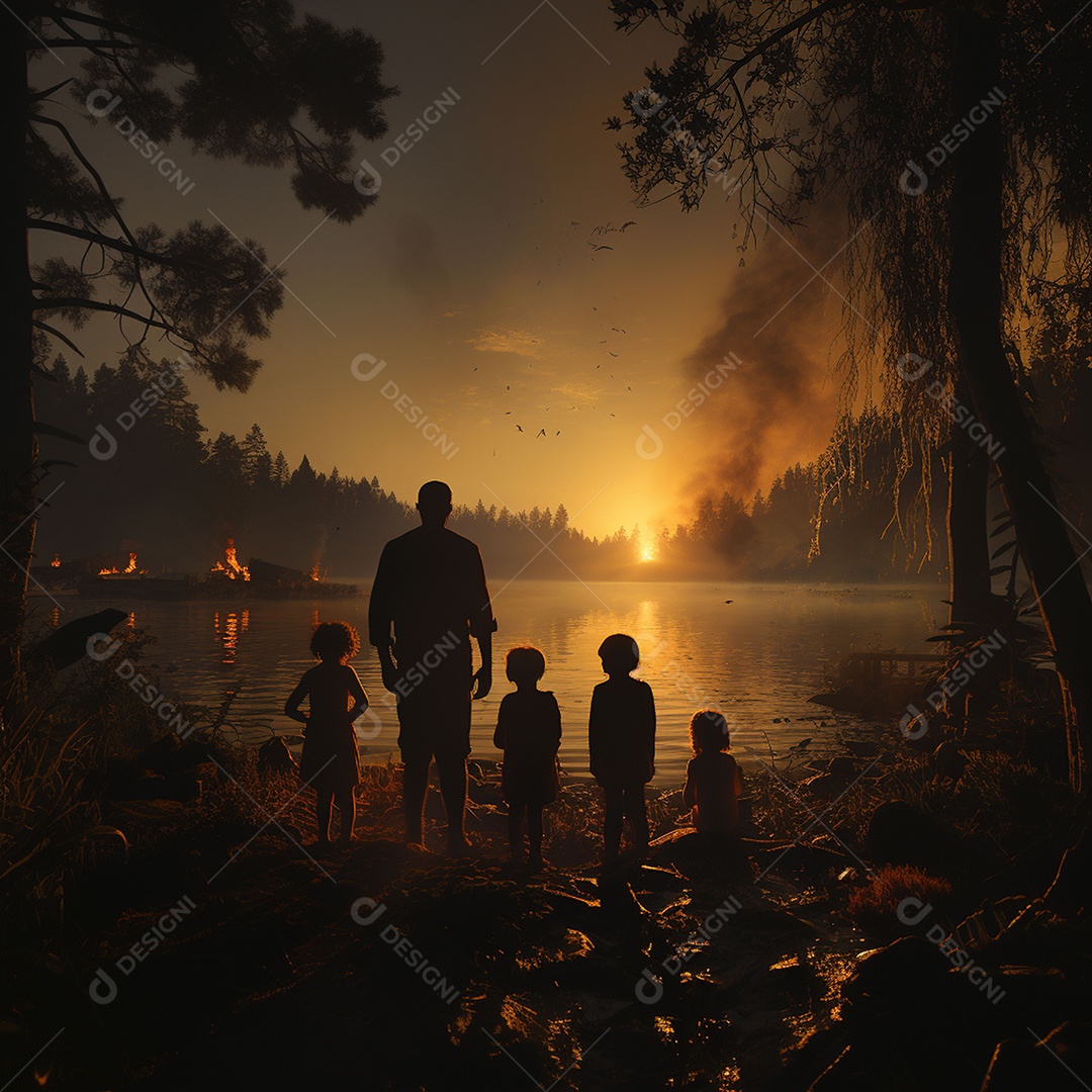 A felicidade do pôr do sol de uma família feliz