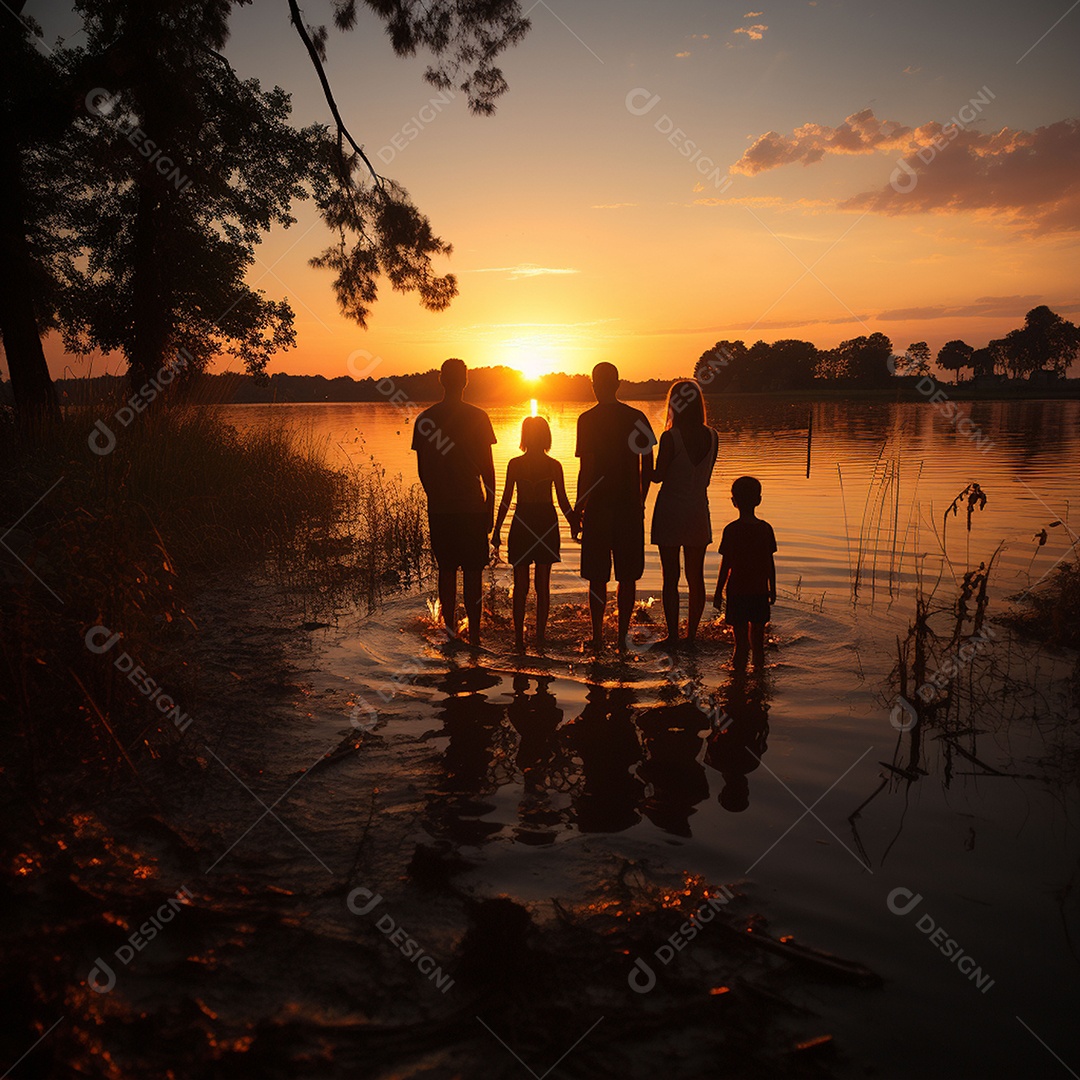 A felicidade do pôr do sol de uma família feliz
