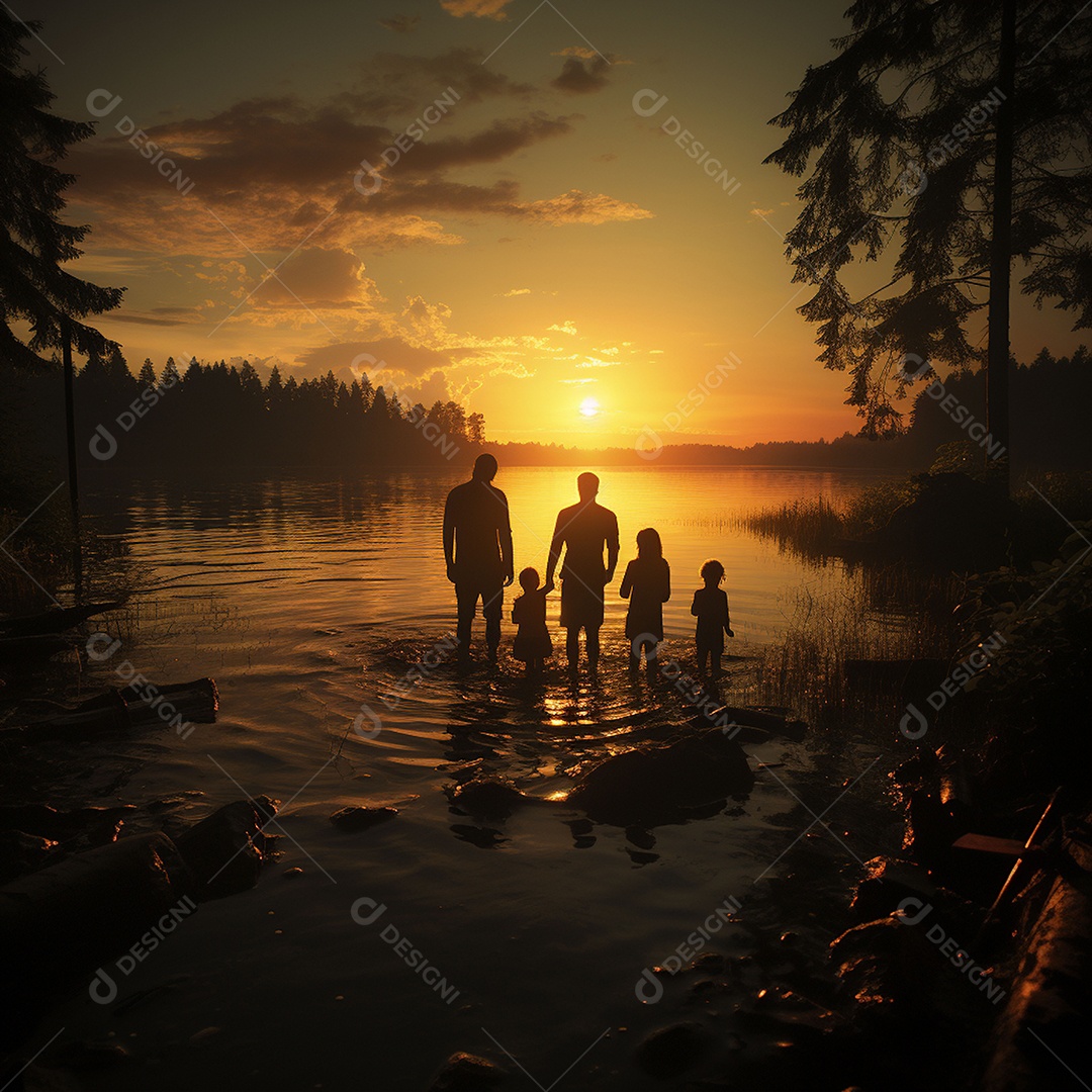 A felicidade do pôr do sol de uma família feliz