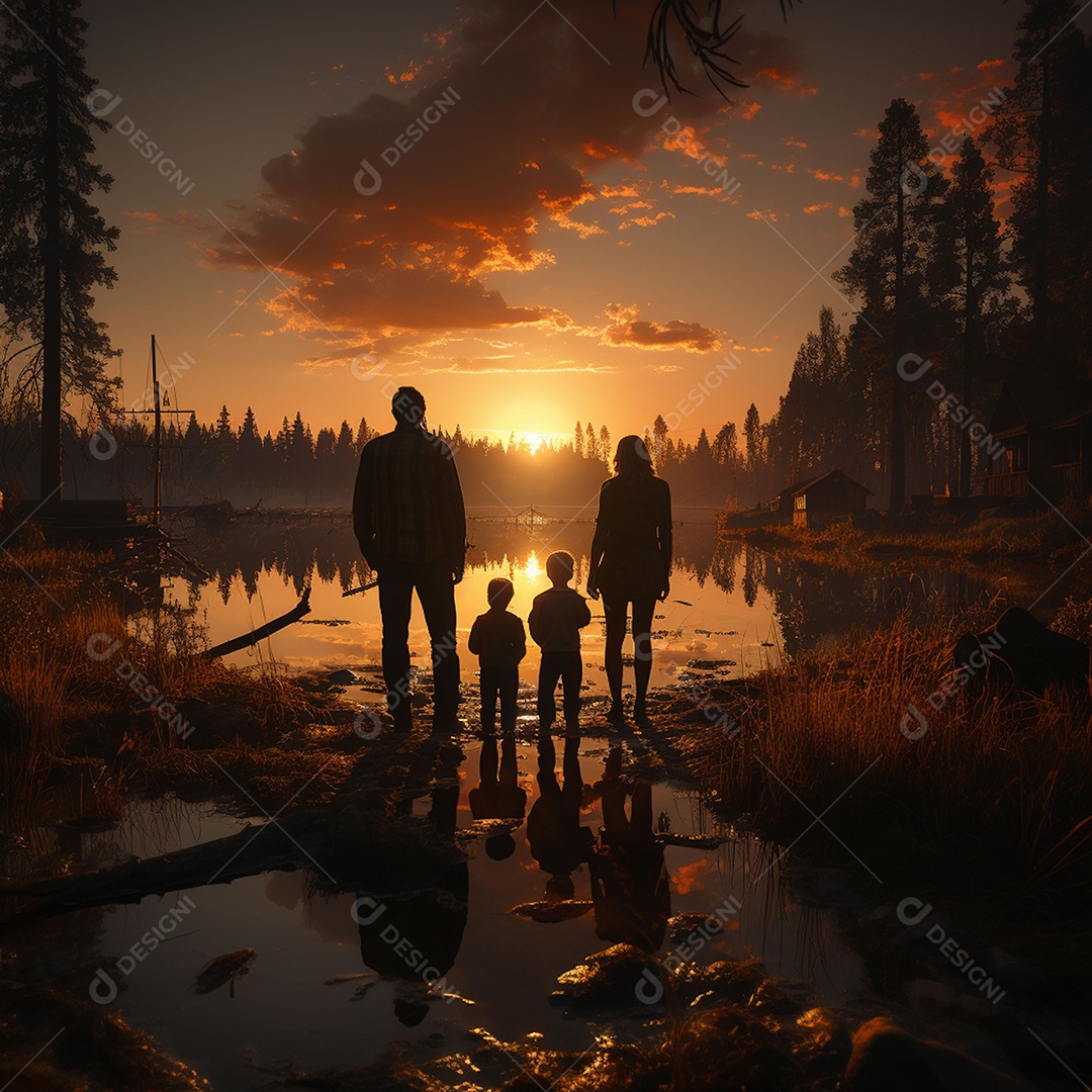 A felicidade do pôr do sol de uma família feliz