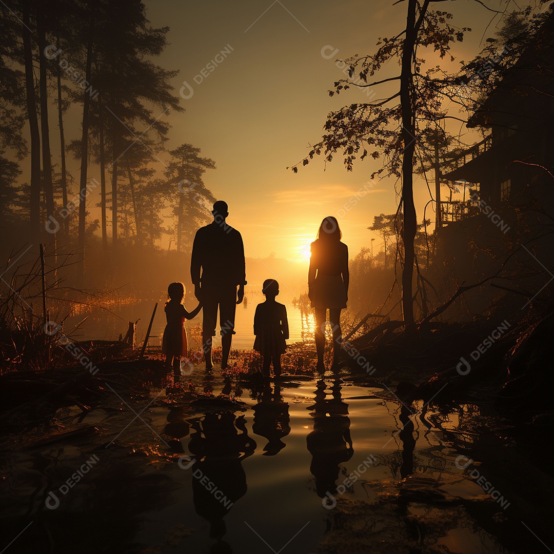 A felicidade do pôr do sol de uma família feliz