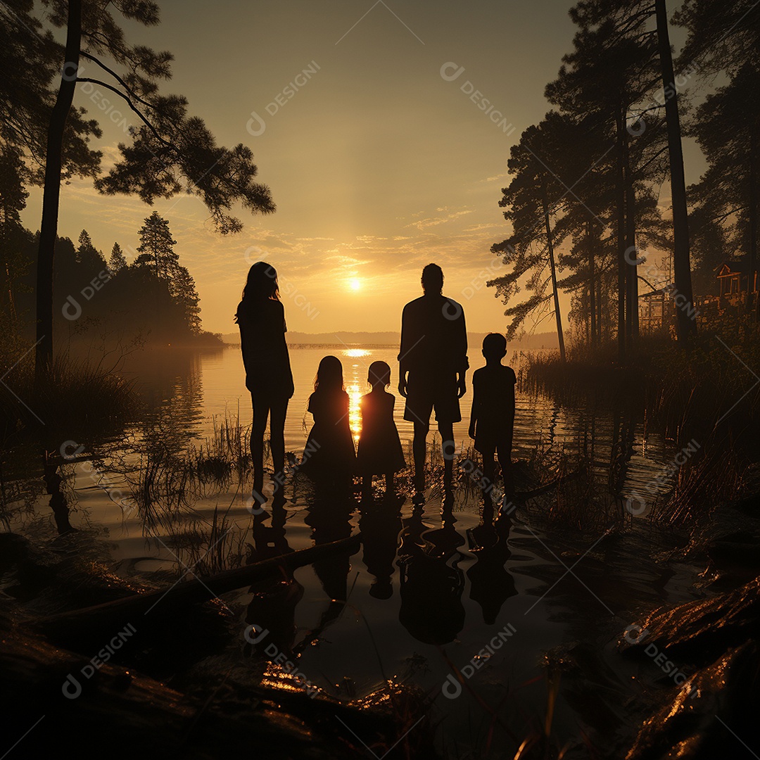 A felicidade do pôr do sol de uma família feliz