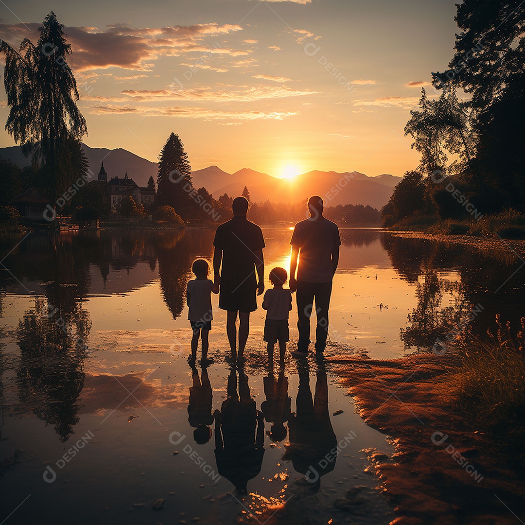 A felicidade do pôr do sol de uma família feliz