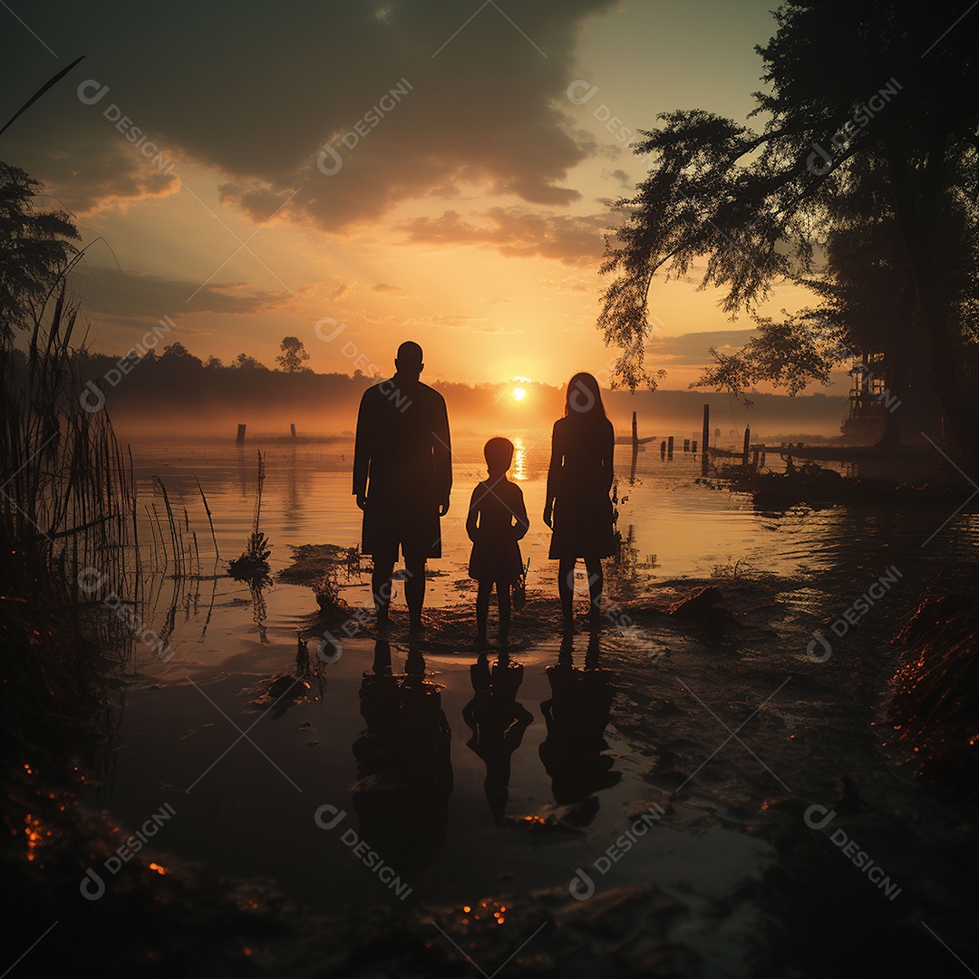 A felicidade do pôr do sol de uma família feliz