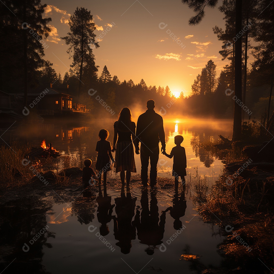 A felicidade do pôr do sol de uma família feliz