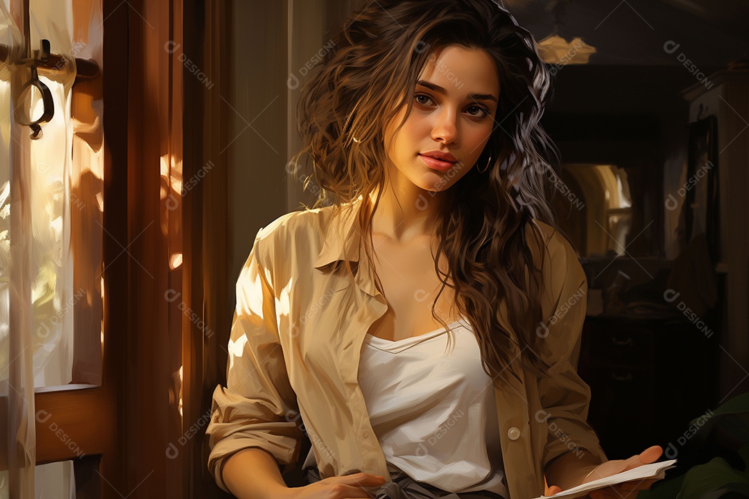 Uma linda mulher vestida com uma roupa simples mas elegante