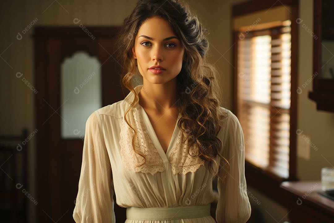 Uma linda mulher vestida com uma roupa simples mas elegante