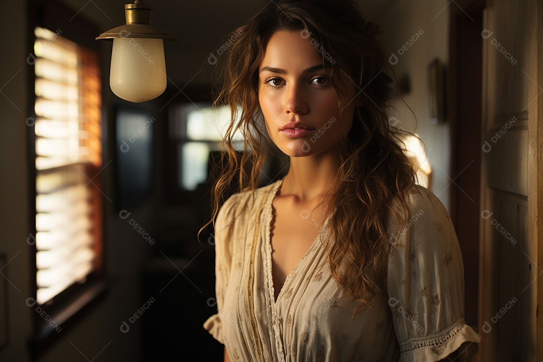 Uma linda mulher vestida com uma roupa simples mas elegante