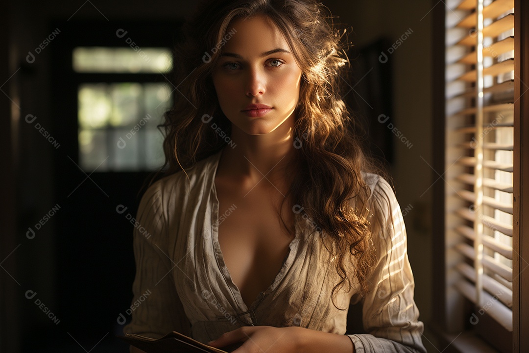 Uma linda mulher vestida com uma roupa simples mas elegante