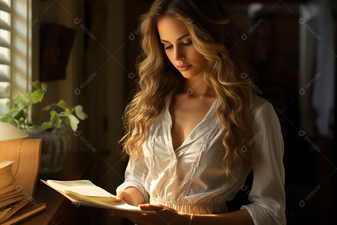 Uma linda mulher vestida com uma roupa simples mas elegante