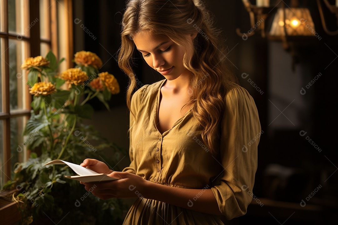 Uma linda mulher vestida com uma roupa simples mas elegante
