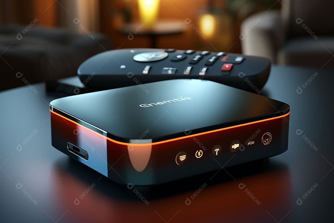 Decodificador de TV ou um dispositivo de streaming sob uma linda sala de estar