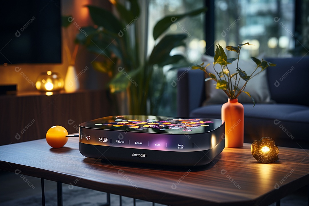 Decodificador de TV ou um dispositivo de streaming sob uma linda sala de estar