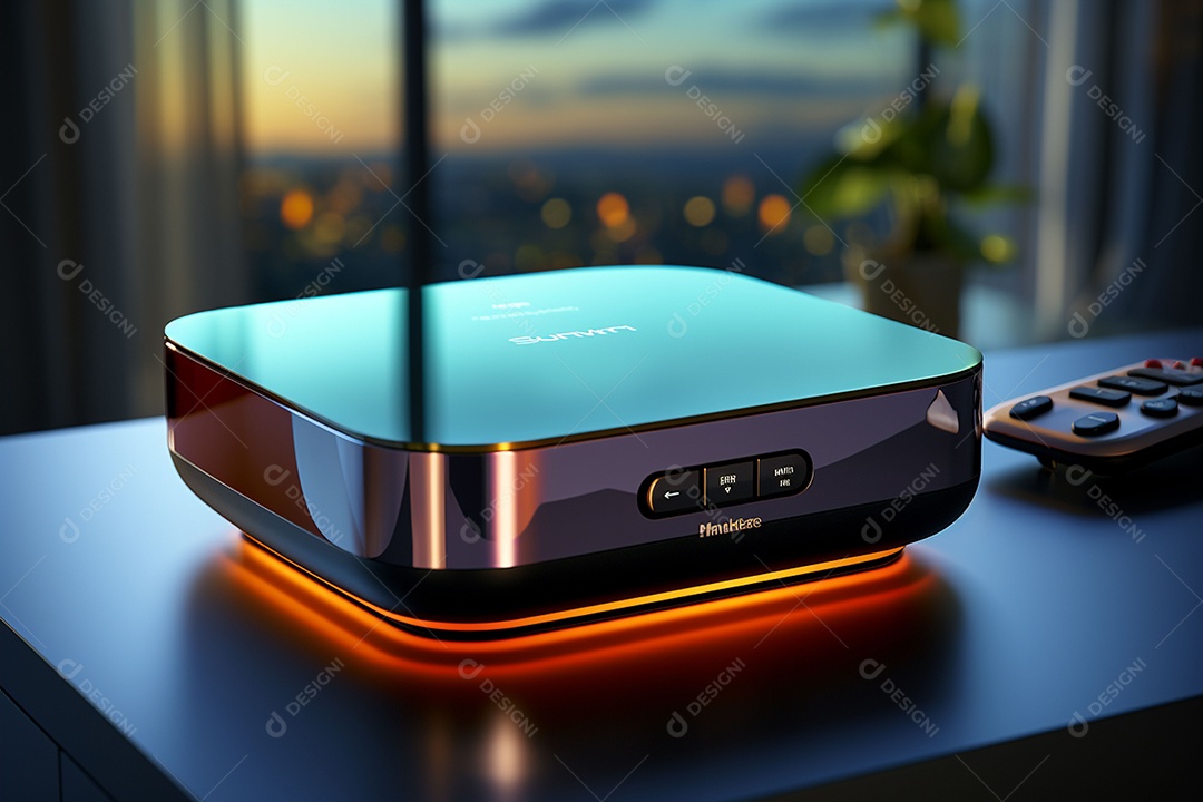 Decodificador de TV ou um dispositivo de streaming sob uma linda sala de estar