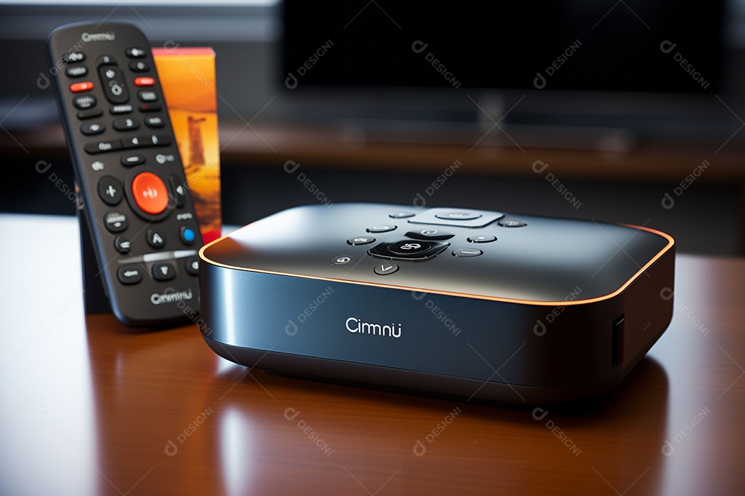 Decodificador de TV ou um dispositivo de streaming sob uma linda sala de estar