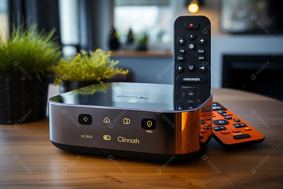 Decodificador de TV ou um dispositivo de streaming sob uma linda sala de estar