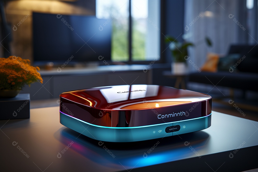 Decodificador de TV ou um dispositivo de streaming sob uma linda sala de estar