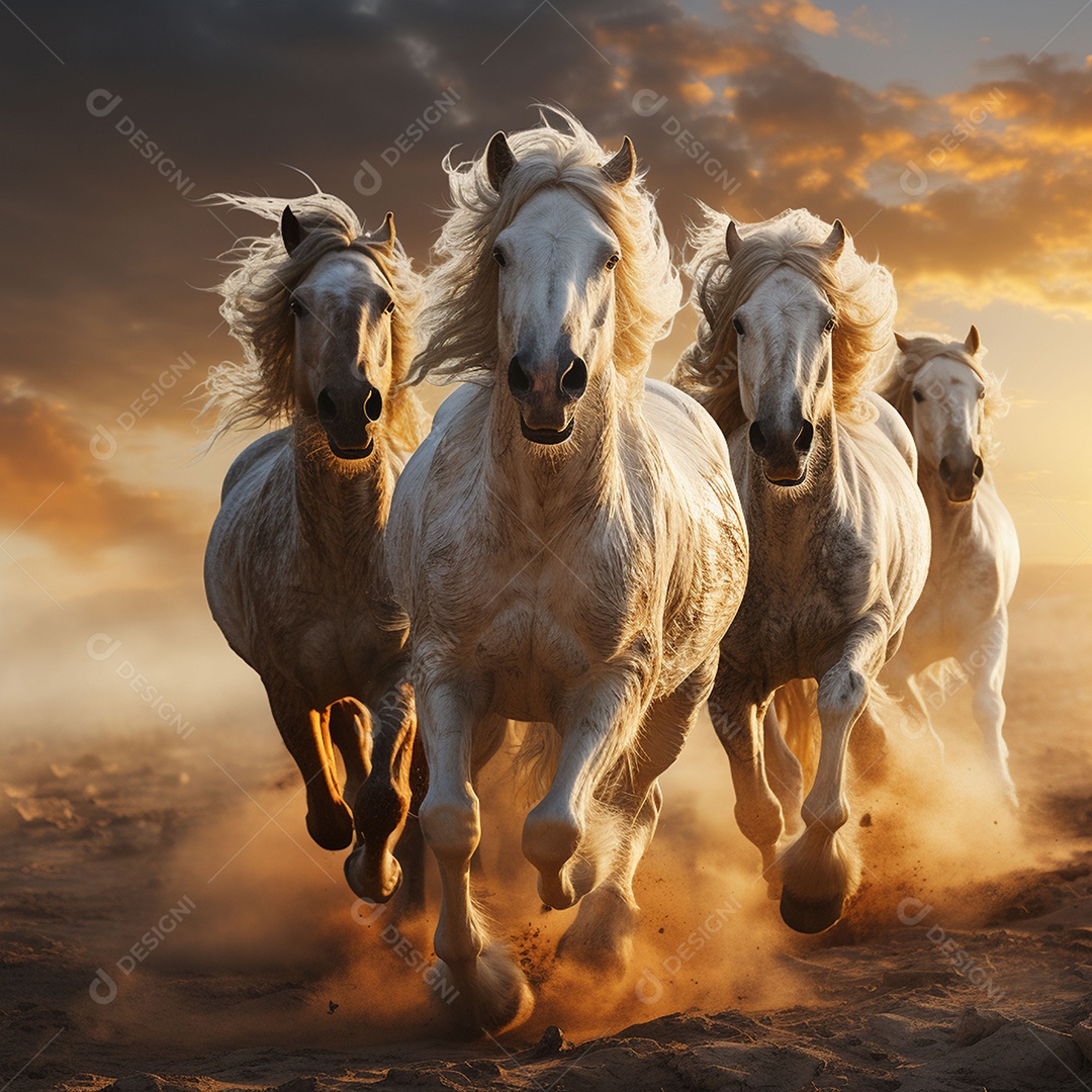 Os belos cavalos galopam ao nascer do sol