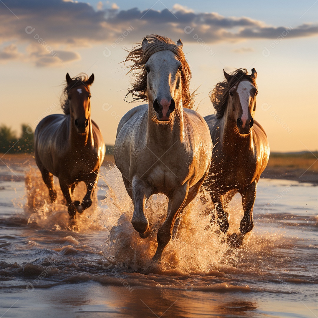 Os belos cavalos galopam ao nascer do sol