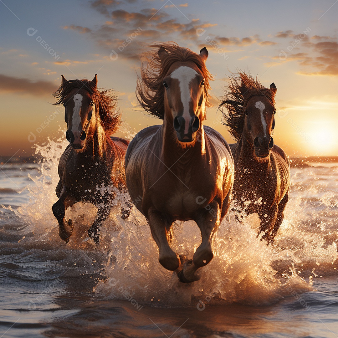 Os belos cavalos galopam ao nascer do sol