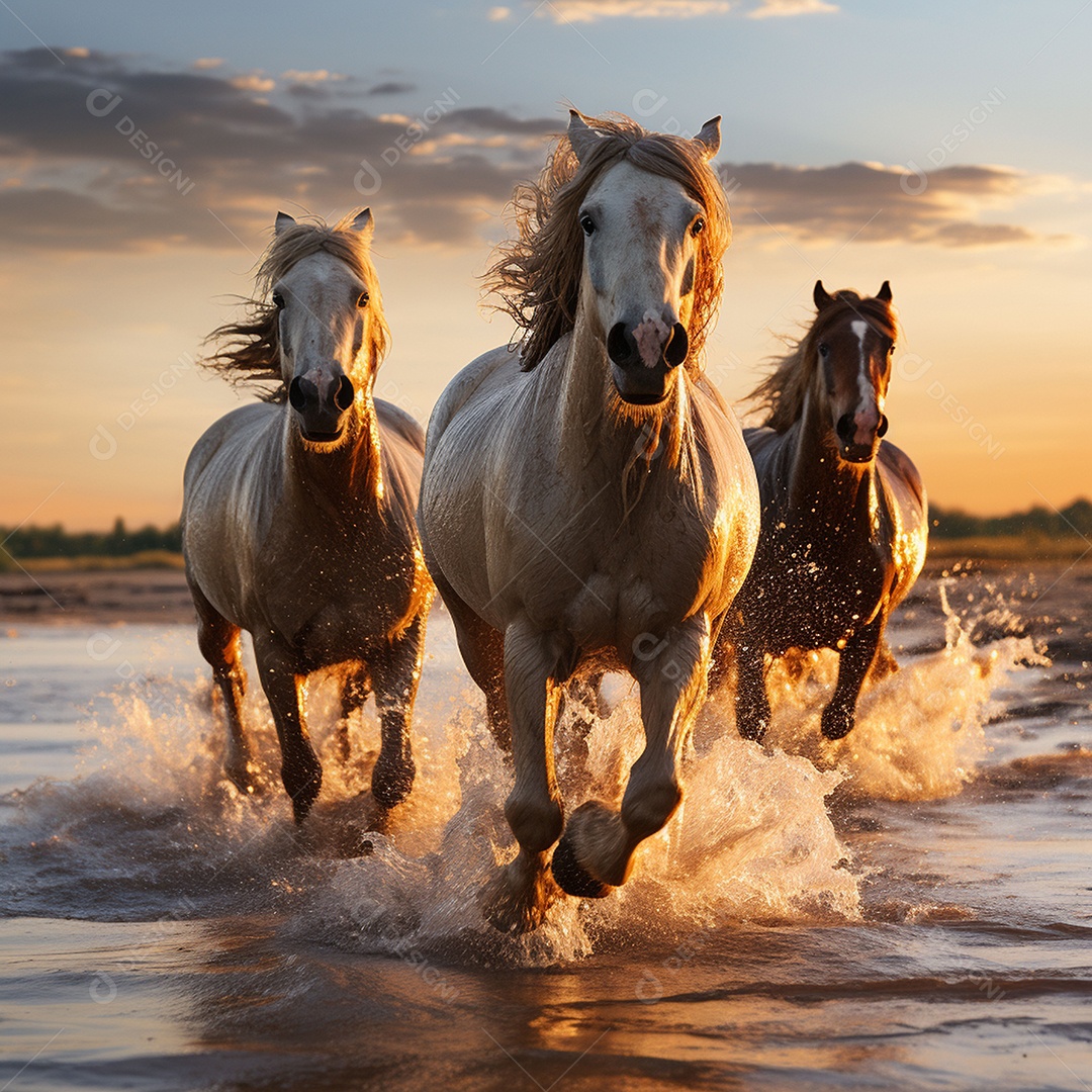 Os belos cavalos galopam ao nascer do sol