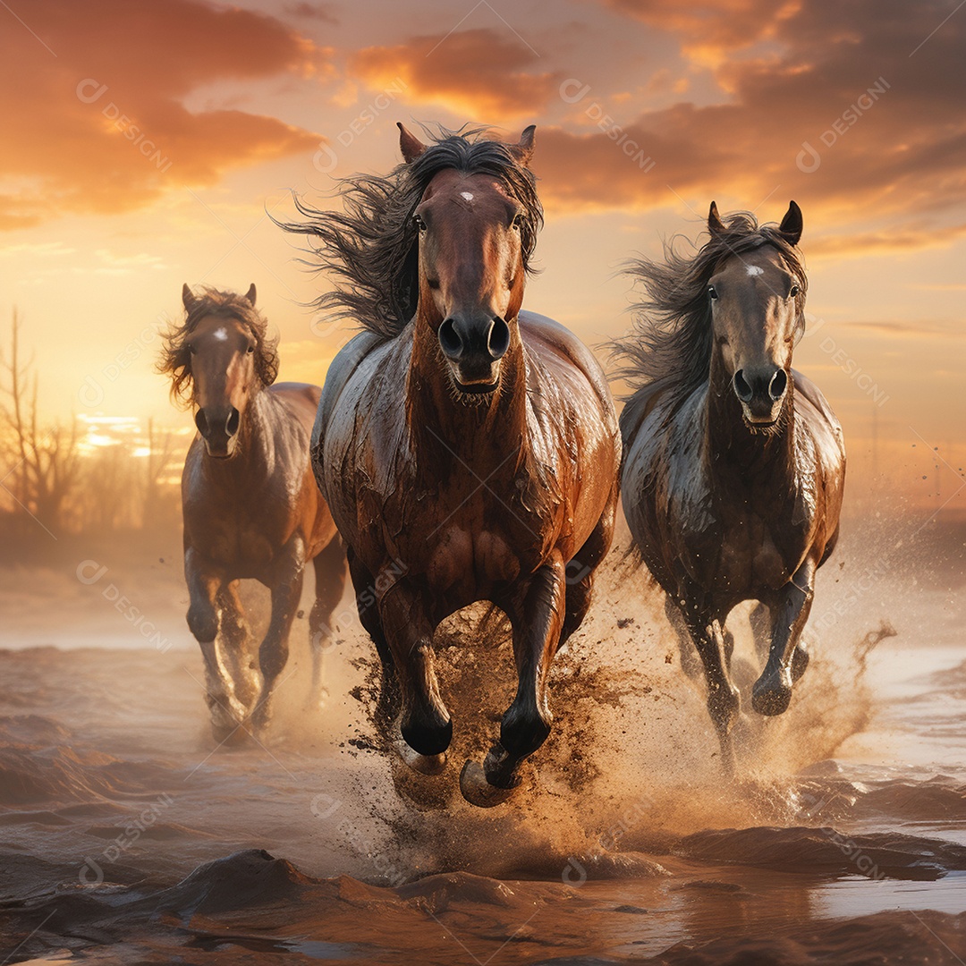 Os belos cavalos galopam ao nascer do sol