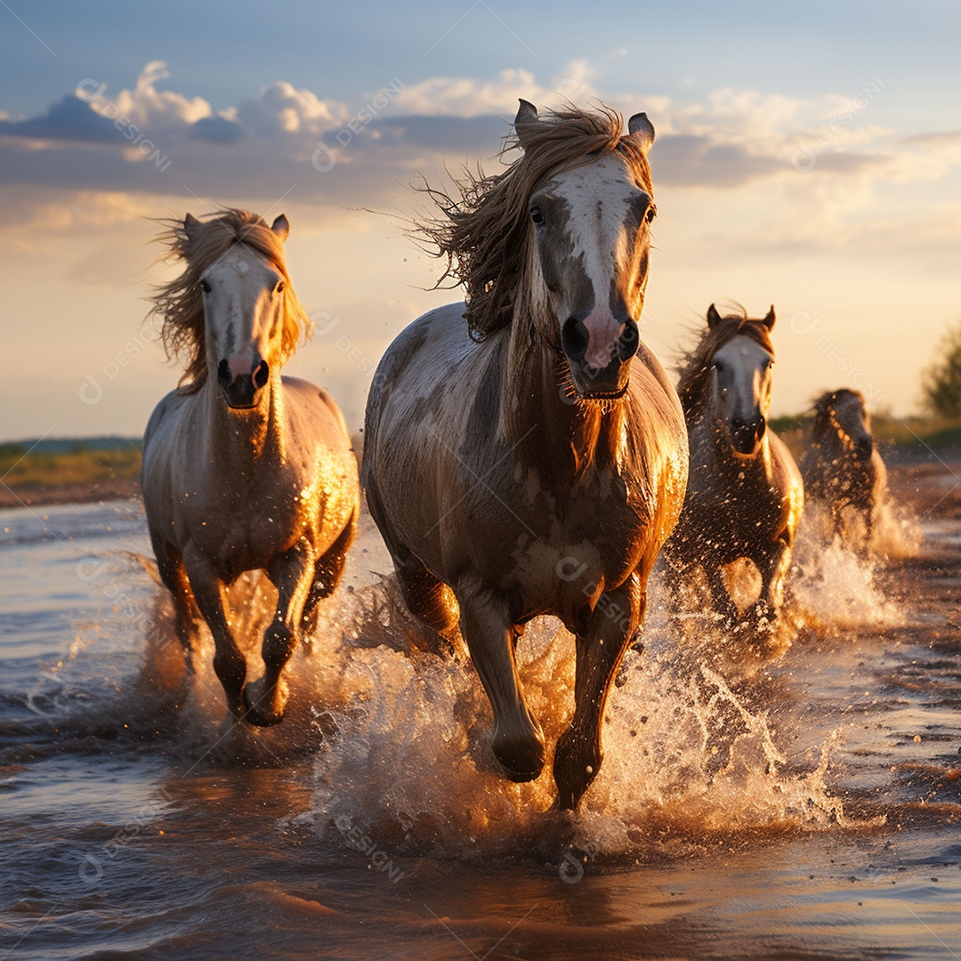 Os belos cavalos galopam ao nascer do sol