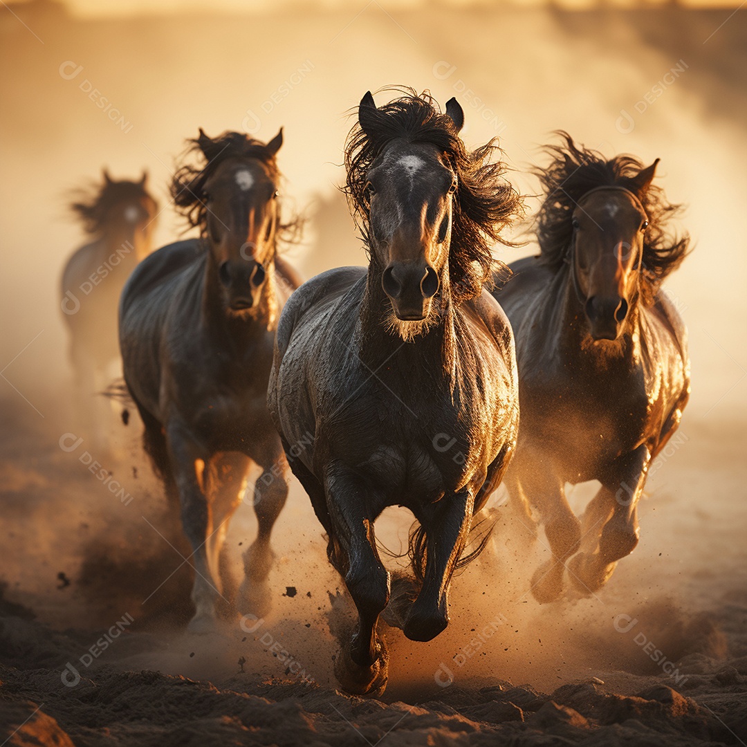 Os belos cavalos galopam ao nascer do sol