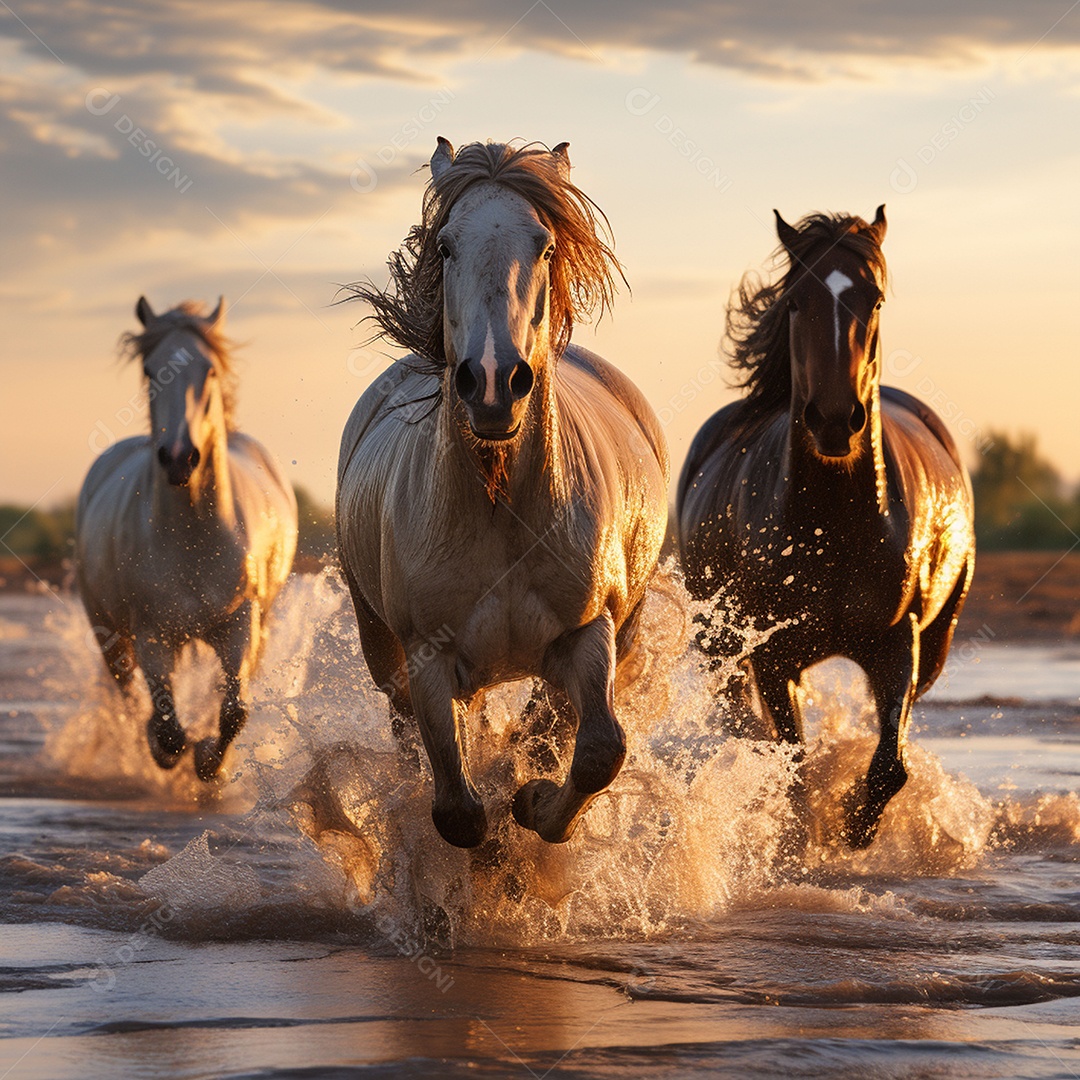 Os belos cavalos galopam ao nascer do sol