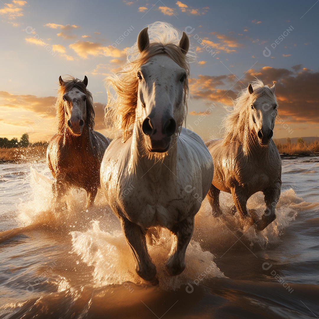 Os belos cavalos galopam ao nascer do sol