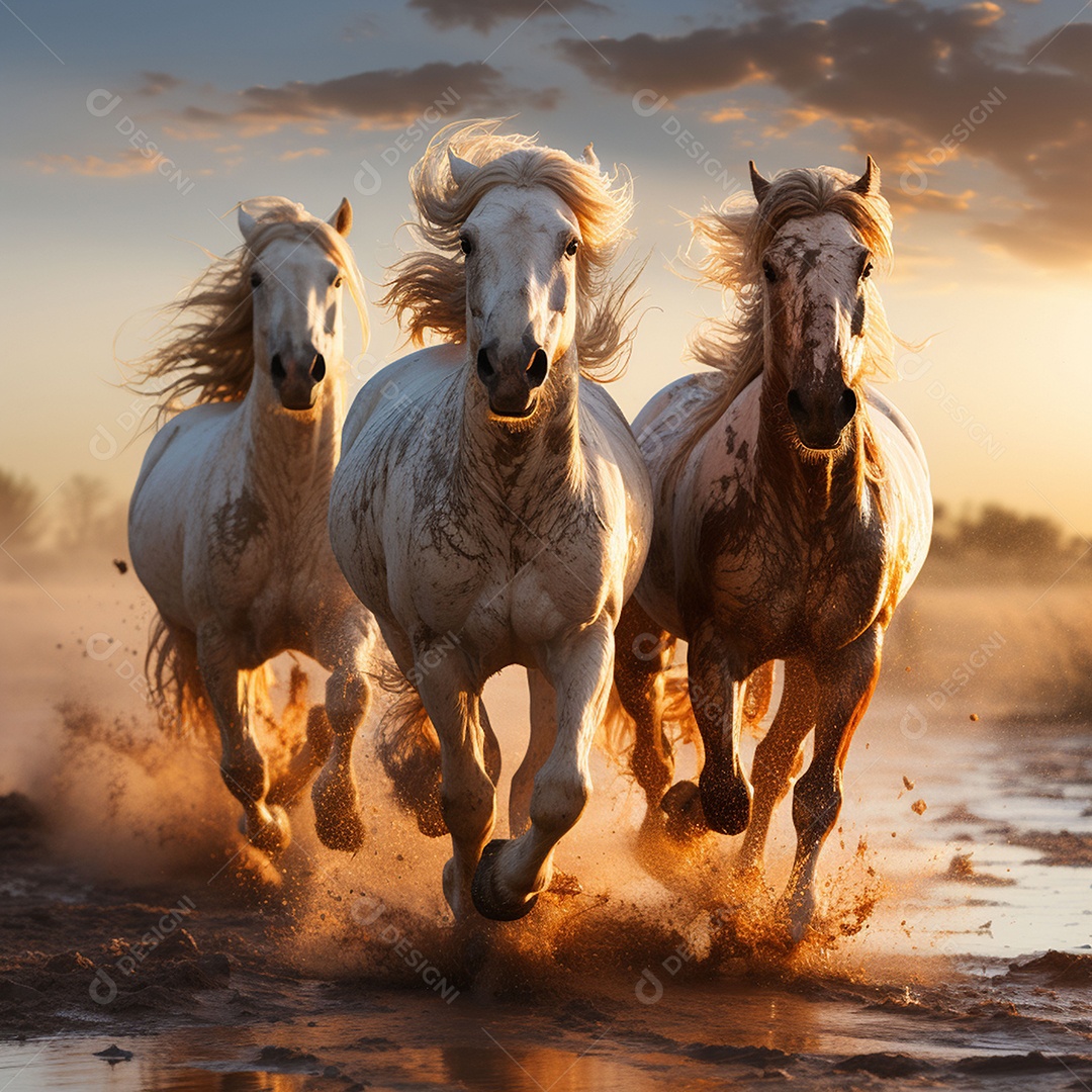 Os belos cavalos galopam ao nascer do sol