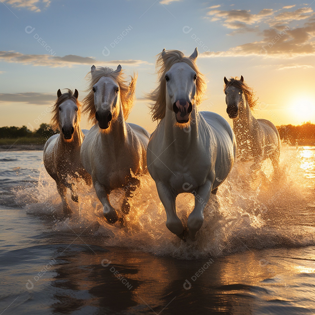 Os belos cavalos galopam ao nascer do sol