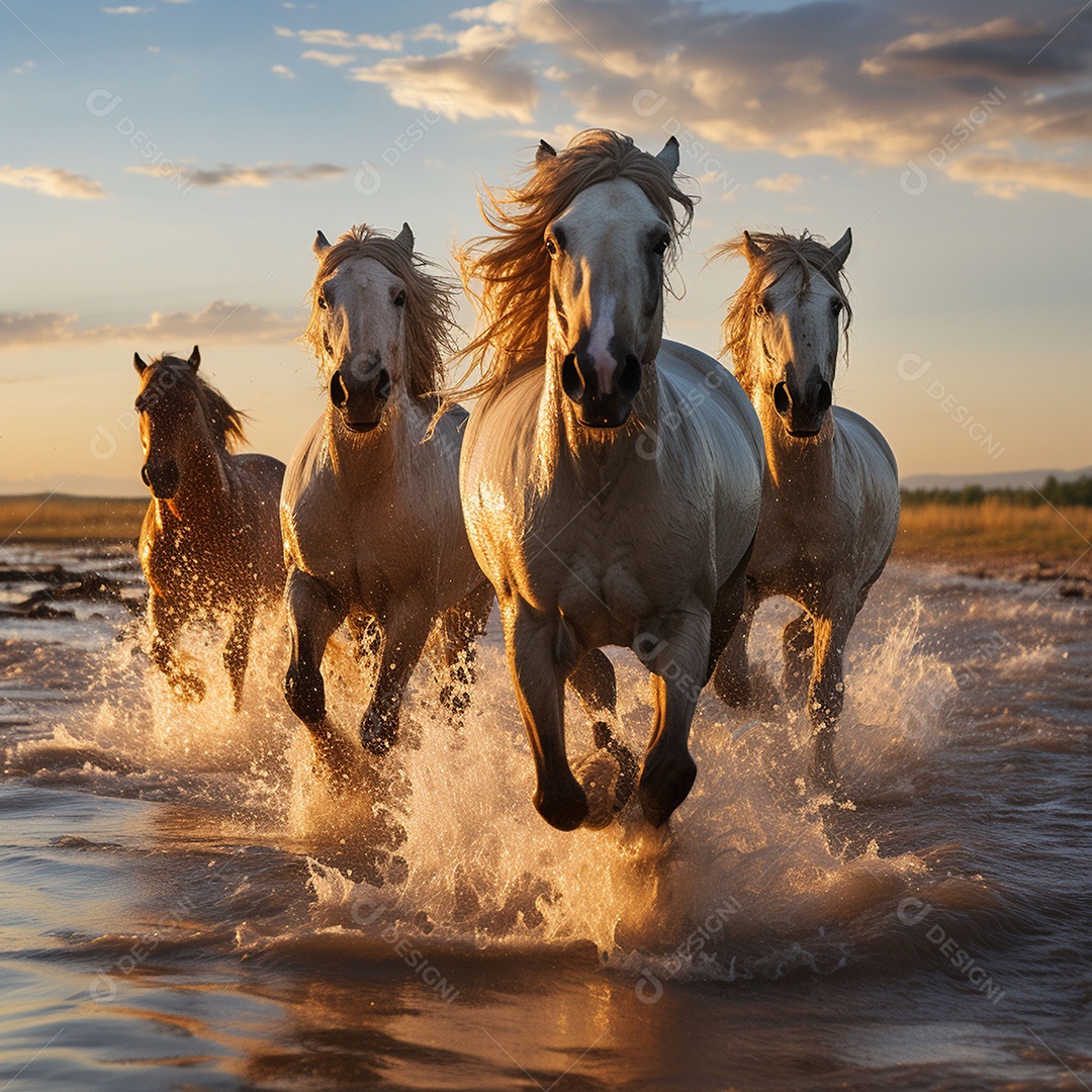 Os belos cavalos galopam ao nascer do sol