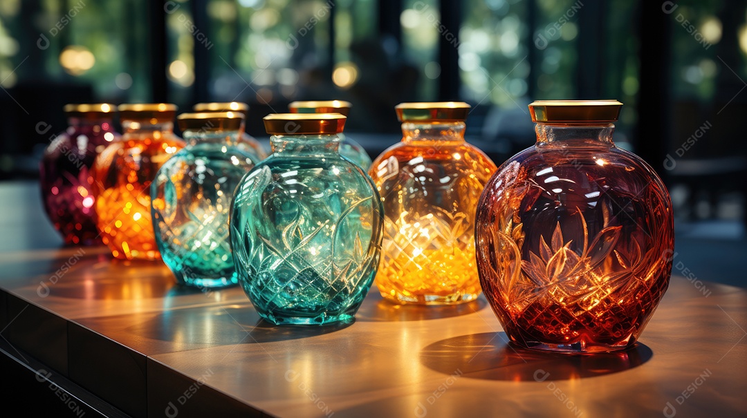 Frascos coloridos sobre um tampo de madeira lisa.