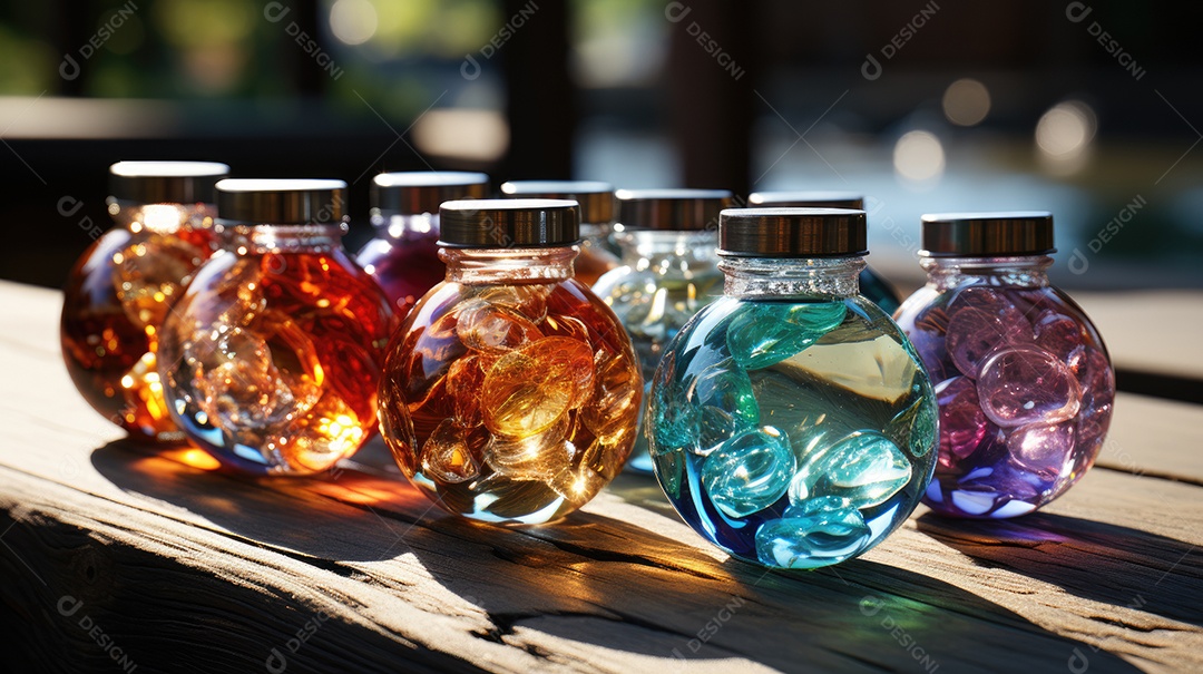 Frascos coloridos sobre um tampo de madeira lisa.