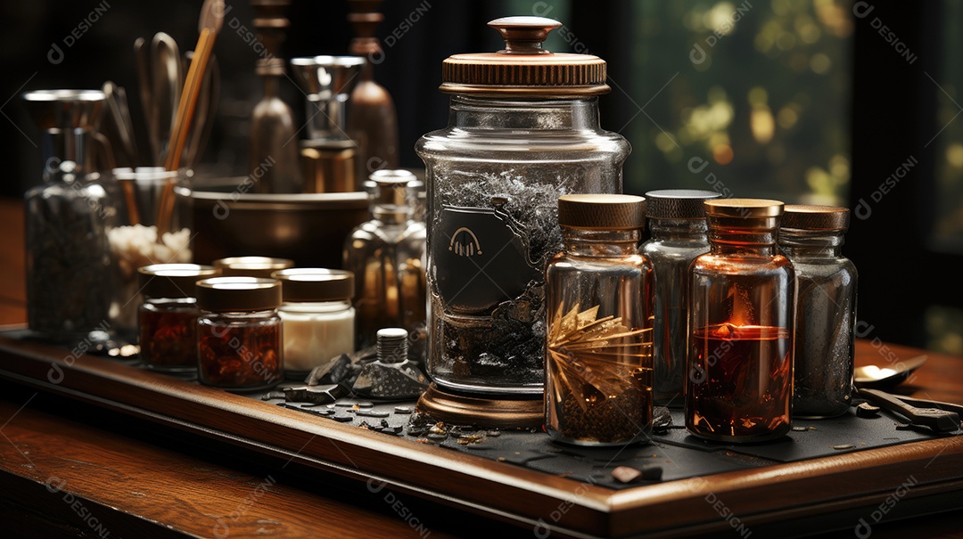 Bandeja de madeira com vários fracos com especiarias.