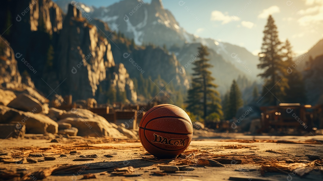 Bola de Basquete no chão próximo as montanhas.