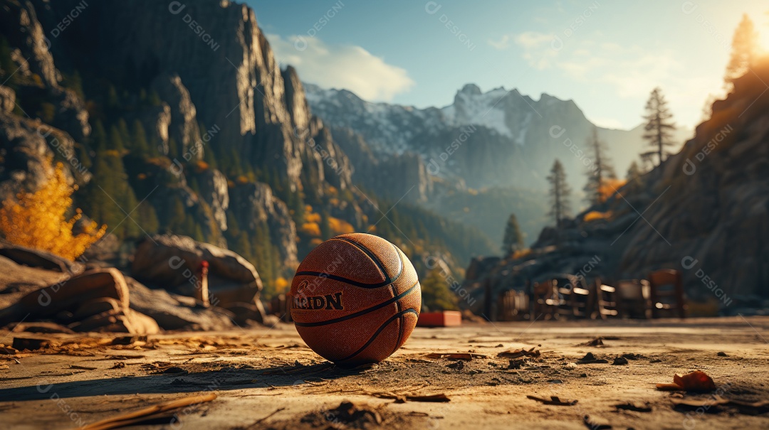 Bola de Basquete no chão próximo as montanhas.