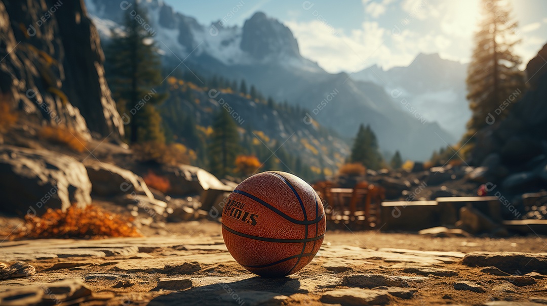 Bola de Basquete no chão próximo as montanhas.
