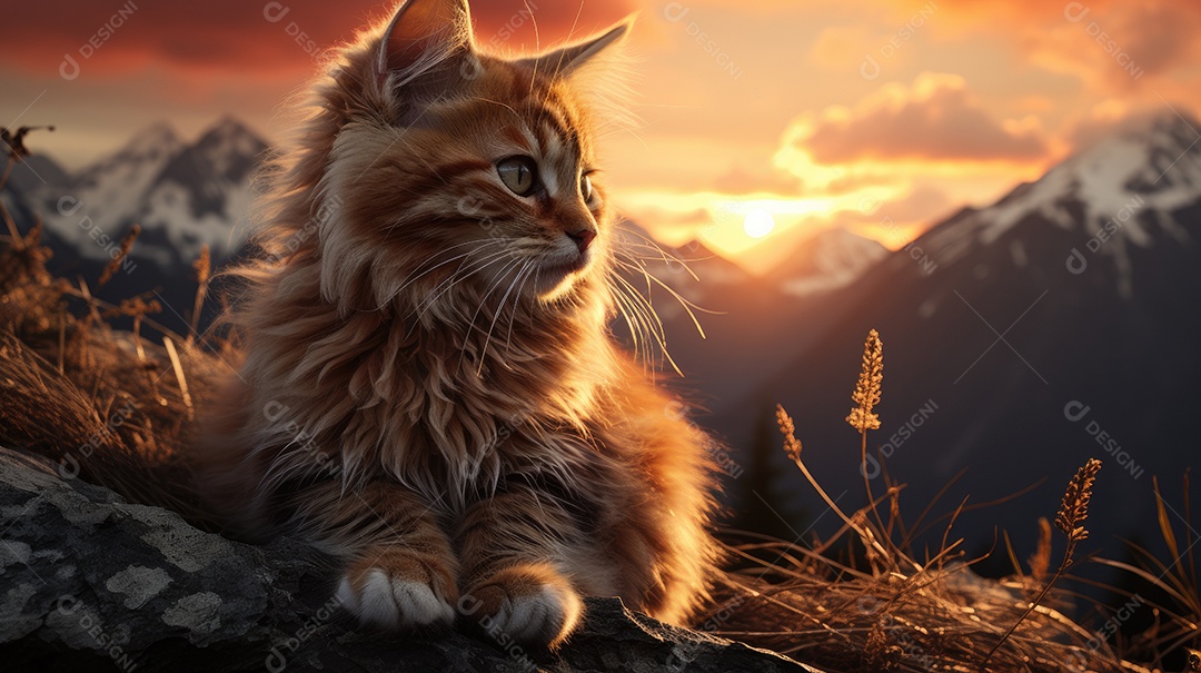 Gato malhado laranja  sobre fundo montanhoso.