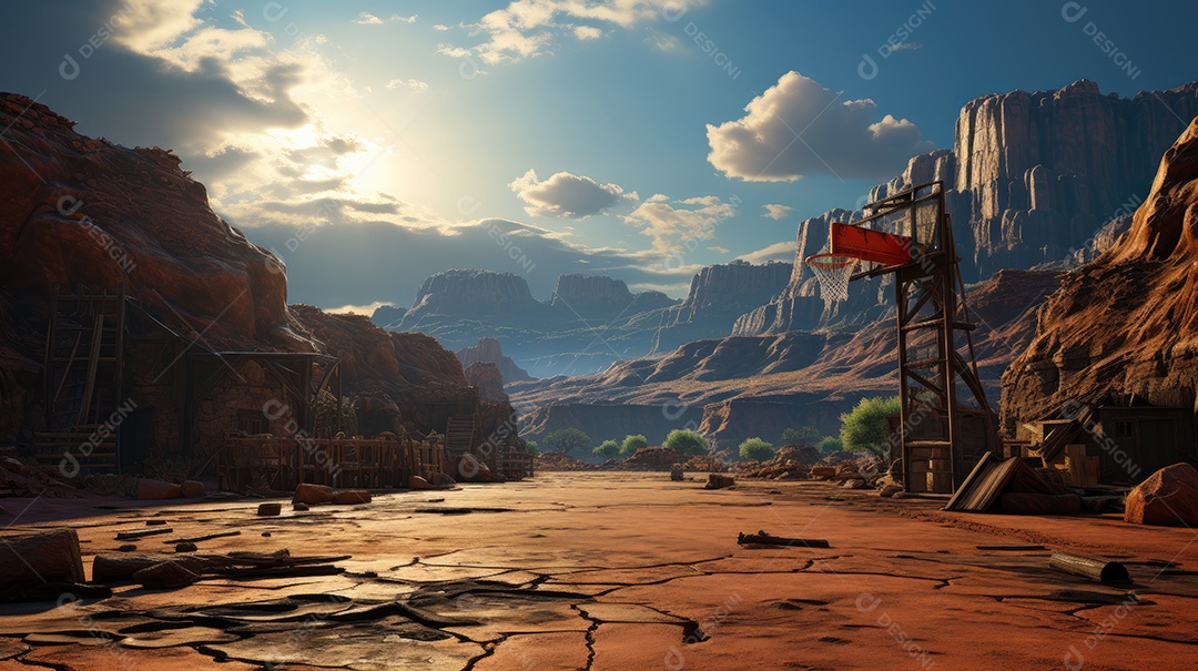 Fundo de montanhas da quadra de basquete.