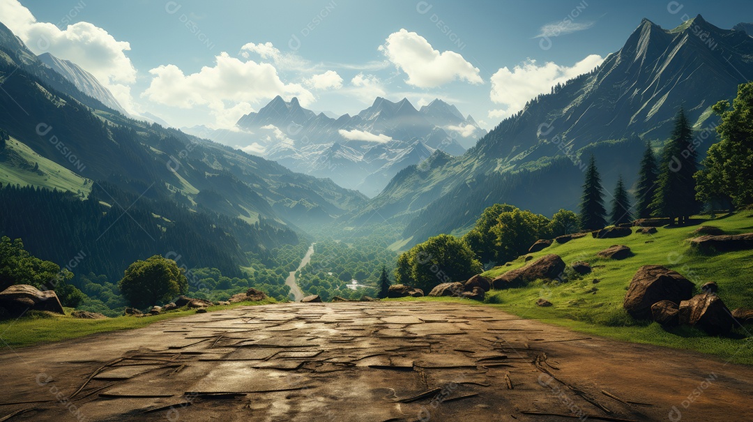 Uma paisagem montanhosa com estrada e um belo fundo de montanha.