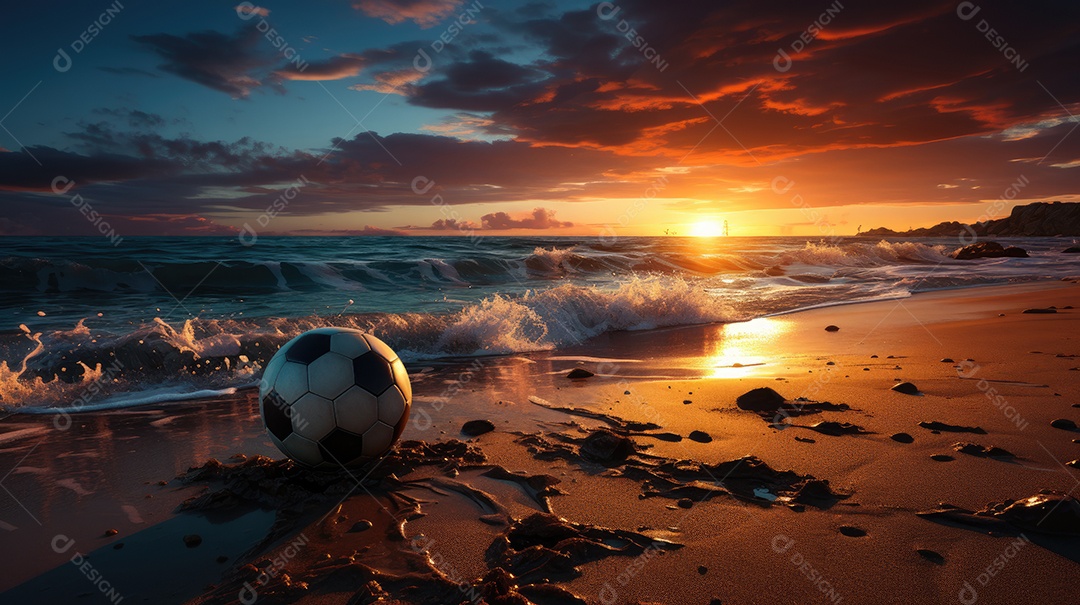 Bola de futebol na praia com o pôr do sol.